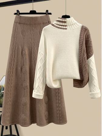 New Year Fashion Elegant Loose Casual Women High Neck Pullover Long Sleeve Color Block Sweater & Skirt 2 Piece Set, Women Autumn/Winter Outfit