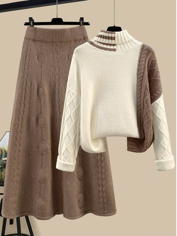 New Year Fashion Elegant Loose Casual Women High Neck Pullover Long Sleeve Color Block Sweater & Skirt 2 Piece Set, Women Autumn/Winter Outfit