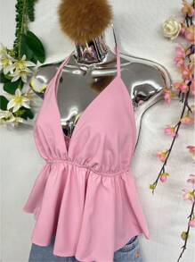 T066 Ruffle Trim Tied Backless Halter Top - Rosa Pálido - Ver 2