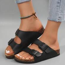 Adjustable Cork Slides For Women With Soft Footbed - Buckled Slip-On Sandals For Casual & Outdoor Wear - 黑色 - 查看 8