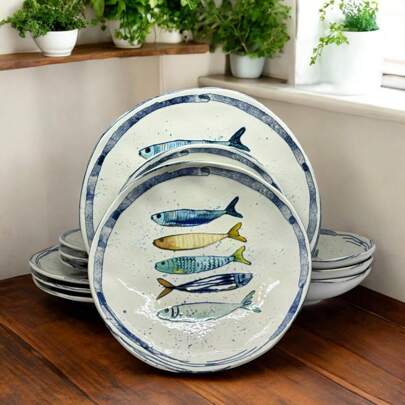 STARLEY-Vajilla 12 piezas Peixe Iberica Brillo ,Plato de Postre 20cm,Plato Hondo 21cm,Plato Llano 26cm