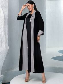 Muslim Women's Open Front Long Robe, Black & Gray Patchwork Handmade Crystal Embellished Abaya,Modest - Black - View 7