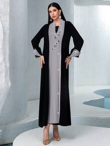 Muslim Women's Open Front Long Robe, Black & Gray Patchwork Handmade Crystal Embellished Abaya,Modest - Black - View 3