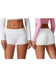 Women Yoga Shorts, Low Waist Solid Slim Fit Summer Biker Shorts Athletic Shorts For Fitness Gym Workout - 白色 - 查看 2