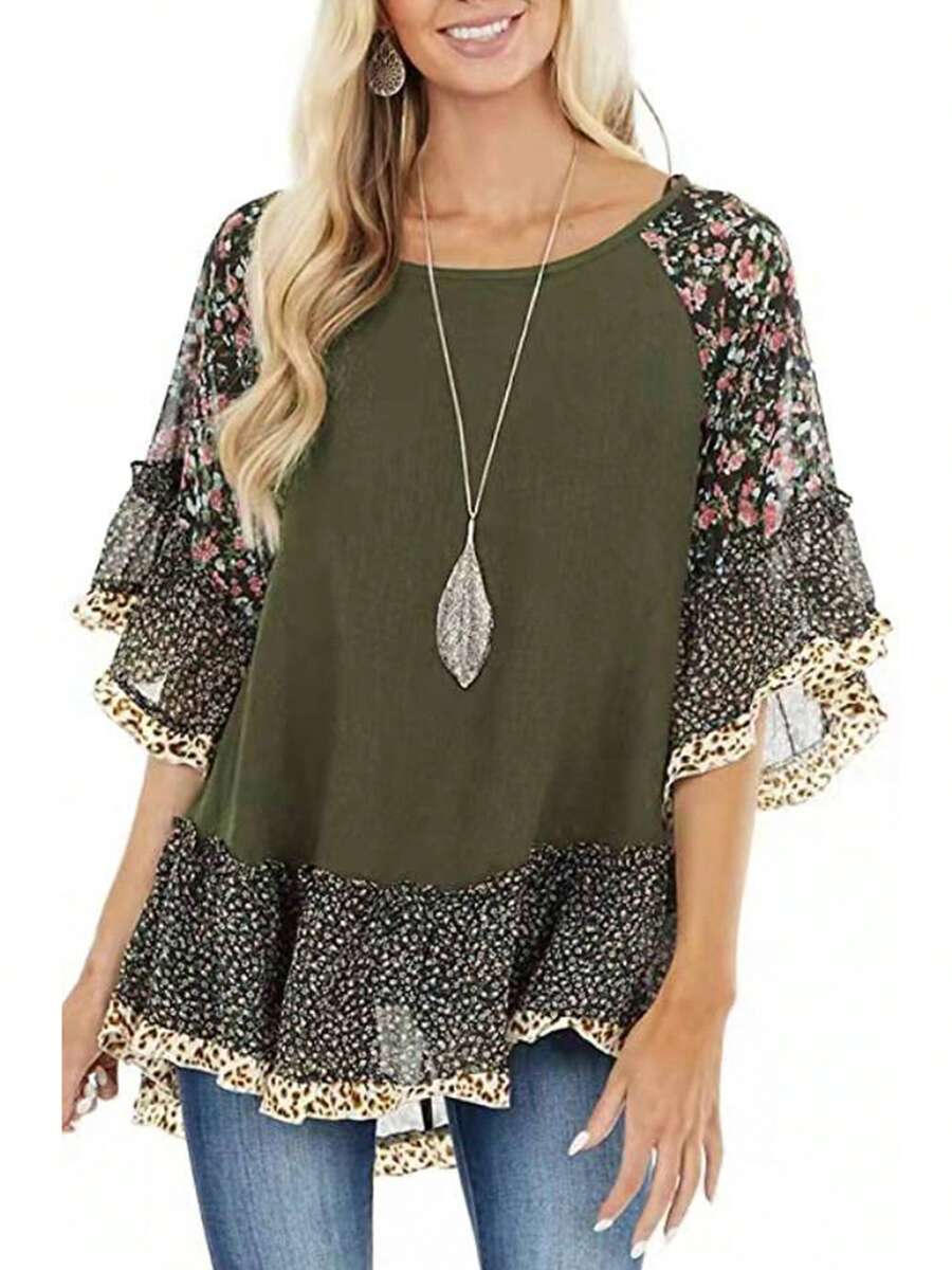 Blusa de media manga para mujer, con estampado floral de leopardo, cuello redondo, holgada, estilo informal y sencillo. - Verde militar - Ver 1