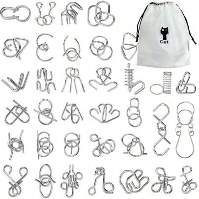Puzzle in filo metallico con borsa, rompicapo test QI sfida di disintreccio, catena di ferro intrecciata, gioco di sbloccaggio, anelli cinesi magici in ferro, adatti come gadget per feste, sfida per bambini e adulti