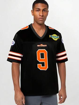 Boyfriend Style Men's No.9 Graphic Print Breathable Rugby Jersey, Active V Neck Short Sleeve Uniform For Training Competition