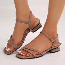 Stylish Leather Ankle-Strap Sandals For Women - Low Heel, Square Toe & Buckle Closure - Ideal For Outdoor Activities & Getaways. - Màu be - Xem 7