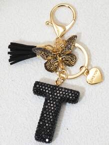 1pc Soft Clay Pink Letter Rhinestone Keychain, Cute Personalized Handbag Accessory, Car Key Chain, Heart Decor Gift For Mom, Friends, Valentine's Day Valentines Car Accessories Bag Charm - Black Butterfly - View 17