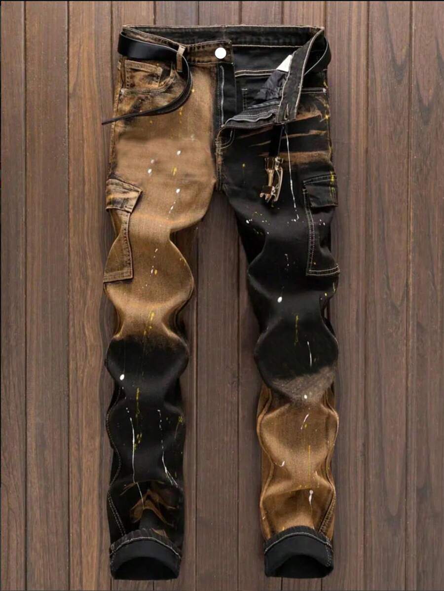 Men's Fashionable Gradient Spray Denim Cargo Pants - Multicolor - View 1