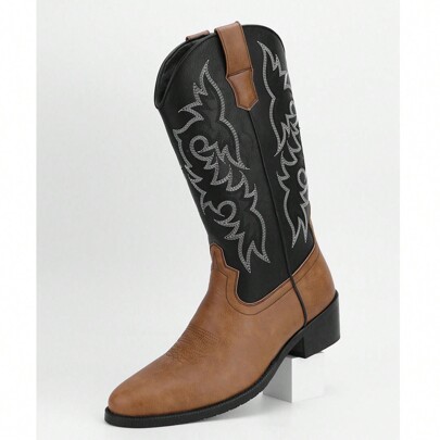 These Western Cowboy Boots Blend Retro Charm, Comfort, And Style. With Embroidered Pu Leather, Square Toe, Thick Heel, Wide Calf Fit, . Elevate Your L