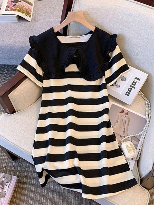 Striped Dress For Teen Girl Black & Beige Color, Peter Pan Collar, Summer Back To School Season For 13-16Y