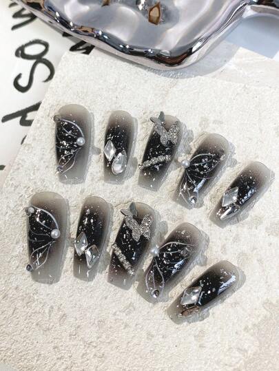 10Pcs Long Coffin Shaped Handmade Classic Dark Black-To-Gradient Blush False Nails With Butterfly Silver Foil, Rhinestones, Shiny Metal Butterfly Decor, Ballet Style Nail Tips, Reusable Full Cover Fashion Nail Art Suit For Party, Wedding, Daily Wear, 1Pc Nail Glue, 1Pc Nail Buffer Press On Nails Nail Supplies Nails
