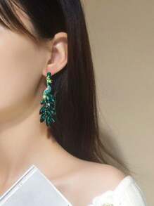 新款孔雀尾设计水晶耳钉，闪亮绿色耳环，适合女士，适合派对、宴会和日常穿着 - 綠色 - 查看 6