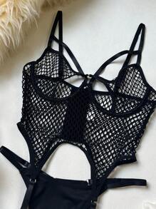 Women Strappy Cut Out Bra Fishnet Teddy Corset Lingerie - Brown - View 9