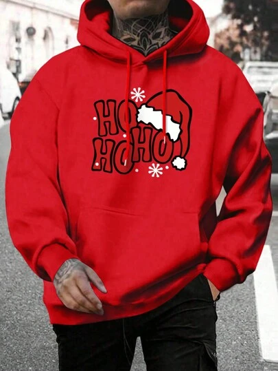 Men's New Sweatshirt, Casual Daily Drawstring Sweatshirt, Cartoon Christmas Hat Design & English Letter Print, Kangaroo Pocket, Men's Shirt