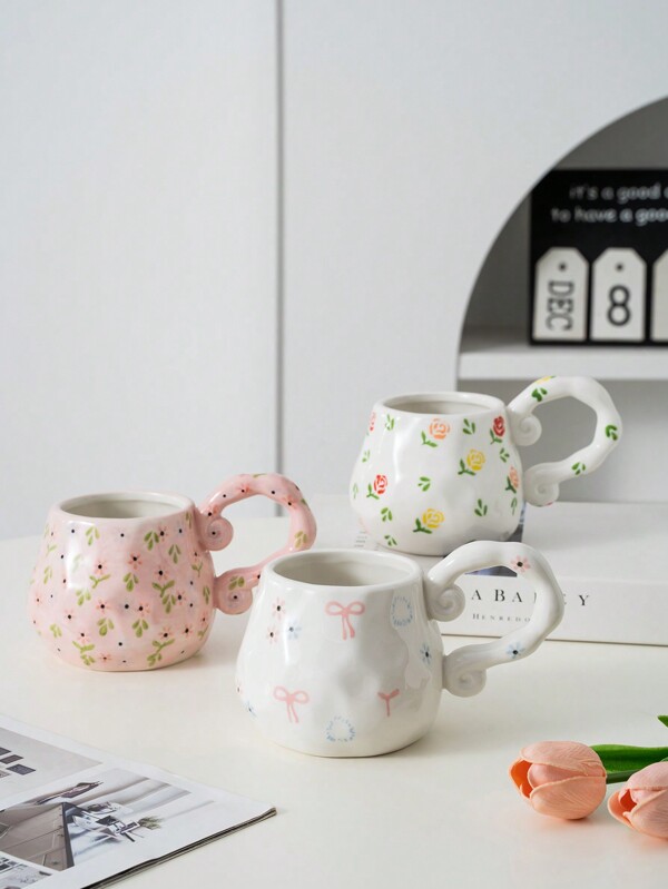 1 pezzo Tazza da caffè in ceramica con grande capacità, con motivo floreale dipinto a mano in stile estetico elevato, adatto per il ritorno a scuola