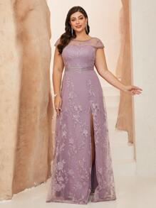 Vestido de noche de alta gama con cuello redondo, bordado de encaje, manga corta y abertura, vestido de fiesta, vestido de invitada de boda, vestido de gala, vestido de noche para tallas grandes