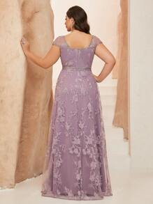 Vestido de noche de alta gama con cuello redondo, bordado de encaje, manga corta y abertura, vestido de fiesta, vestido de invitada de boda, vestido de gala, vestido de noche para tallas grandes