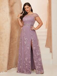 Vestido de noche de alta gama con cuello redondo, bordado de encaje, manga corta y abertura, vestido de fiesta, vestido de invitada de boda, vestido de gala, vestido de noche para tallas grandes