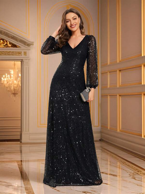 EVERPRETTY Elegant Fall Winter Black Sequin Formal Dress Long Sleeve Formal Dresses Suitable For Wedding Party Prom Graduation Dinner Holiday Gala Mother Of The Bride Dress Wedding Guest Formal Event