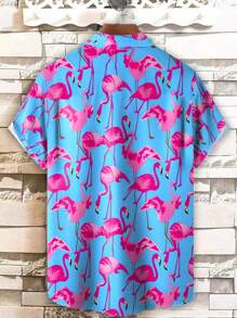 Camisa de manga corta con botones de talla grande para hombre con estampado digital 3D de flamencos hawaianos - Azul - Ver 4