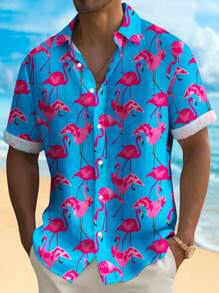 Camisa de manga corta con botones de talla grande para hombre con estampado digital 3D de flamencos hawaianos - Azul - Ver 2