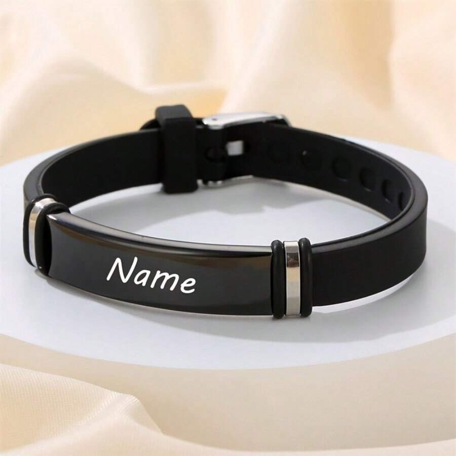 [Customized] Men's Custom Engraved Bracelet, Personalized Silicone And Stainless Steel Adjustable Wristband, Father's Day Gift - Black - View 1