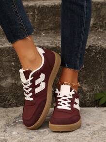 女士新款系带几何图案时尚运动鞋，现代个性化街头休闲运动风格校园 - 中紫紅色 - 查看 4