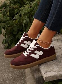 女士新款系带几何图案时尚运动鞋，现代个性化街头休闲运动风格校园 - 中紫紅色 - 查看 2