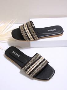 女士编织黑色系带拖鞋，新款波西米亚风格平底一脚蹬凉鞋，方头低跟，夏季拖鞋 - 黑色 - 查看 7