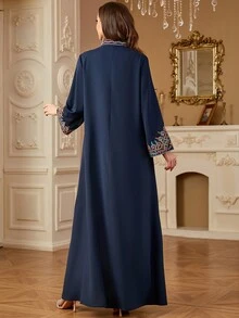 Women's Fashionable Rope Embroidered V-Neck Casual Comfortable Long Sleeve Arabic Style Dress, Spring/Summer, Modest Kaftan - Navy Blue - View 2
