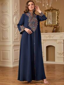 Women's Fashionable Rope Embroidered V-Neck Casual Comfortable Long Sleeve Arabic Style Dress, Spring/Summer, Modest Kaftan - Navy Blue - View 4