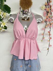 T066 Ruffle Trim Tied Backless Halter Top - Rosa Pálido - Ver 1