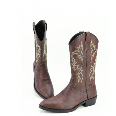 Men's Western Cowboy Boots With Square Toe Design, Retro PU Leather Embroidered Casual Chunky Heel Wide Calf Pull-On Boots.