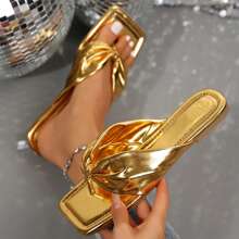 Sleek Ruched Strap Square Toe Sandals For Women - Perfect For Beach And Summer - Clip Toe Slip-On Flats And Flip Flop Style. - Gold - View 5