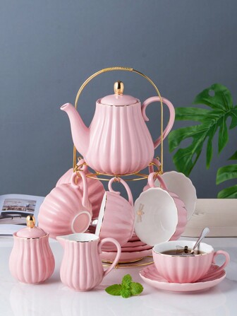 1 Set Include: 1 X 950ML Teapot / 1 X Ceramic Coffee Cup & Saucer (With Stainless Steel Spoon) / 1 X Sugar Bowl & Creamer Set (With Ceramic Spoon) / 1 Set Of 1 Teapot, 4 Cups & Saucers + Teapot + Sugar Bowl + Creamer + Metal Frame, 3 Color Options: Pink, Purple, White, Coffee Cup Set, Solid Color Elegant Series, Espresso Cup With Handle, Mug, Milk Cup, Space-Saving Essential, Coffee Lovers Must-Have, Suitable For Office, Home, Family, School, Holiday Gift Back To School
