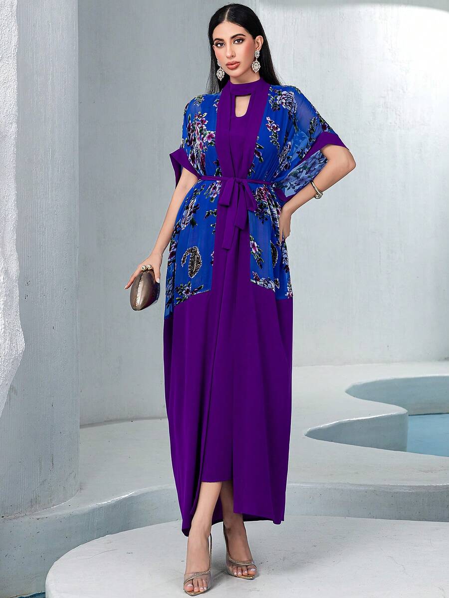 2pcs/Set Floral Print Patchwork Loose Women Dress - Purple - View 1