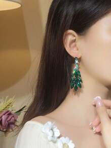 新款孔雀尾设计水晶耳钉，闪亮绿色耳环，适合女士，适合派对、宴会和日常穿着 - 綠色 - 查看 2