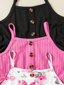 3pcs/Set Young Girls Suspender Fashion Floral Print & Solid Color Button Casual Dress Sets - 玫紅色 - 查看 4