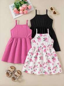 3pcs/Set Young Girls Suspender Fashion Floral Print & Solid Color Button Casual Dress Sets - 玫紅色 - 查看 3