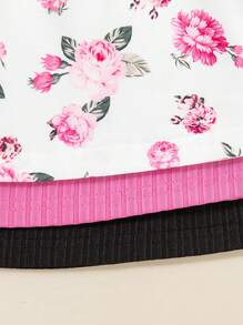 3pcs/Set Young Girls Suspender Fashion Floral Print & Solid Color Button Casual Dress Sets - 玫紅色 - 查看 5