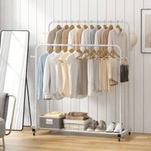 UDEAR Double Rods Garment Rack With Wheels, Clothing Rack For Hanging Clothes,4 Hooks, Multi-Functional Bedroom Clothes Rack, Black,Spring,Minimalist,Summer Tops