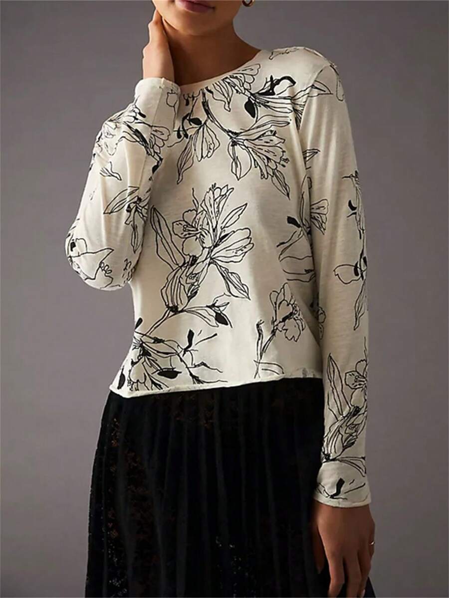 Women Spring Autumn Casual Tops Long Sleeve O Neck Flower Print Short T-Shirts - White - View 1