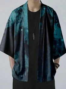 Retro Simple Feather Coat Men, Chinese Style Phoenix Pattern Kimono Shirt, Improved Top For Unisex, Thin Summer Casual Vacation Beach Streetwear Jacket - Black - View 2