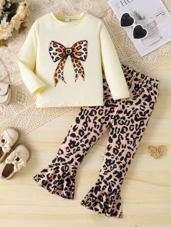 年轻女孩休闲时尚可爱豹纹蝴蝶结设计长袖衬衫和裤子 2 件套
