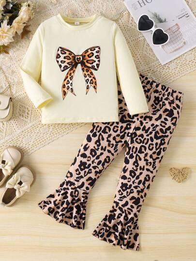 年轻女孩休闲时尚可爱豹纹蝴蝶结设计长袖衬衫和裤子 2 件套