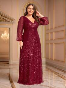 EVERPRETTY Plus Size Women Elegant Lantern Sleeve Sequin Deep V Formal Evening Dress - Burgundy - View 2