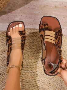 New Plus Size Slip-On Sandals, Versatile Casual Square Toe Flat Leopard Print Strap Elastic Adjustable Buckle Slides For Women - Brown - View 6