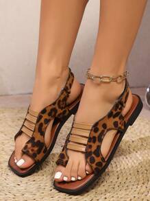 New Plus Size Slip-On Sandals, Versatile Casual Square Toe Flat Leopard Print Strap Elastic Adjustable Buckle Slides For Women - Brown - View 2